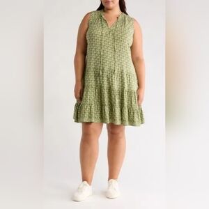 MAX STUDIO Geometric Tiered Dress In Ivory/green PlusSz 1x Nwt